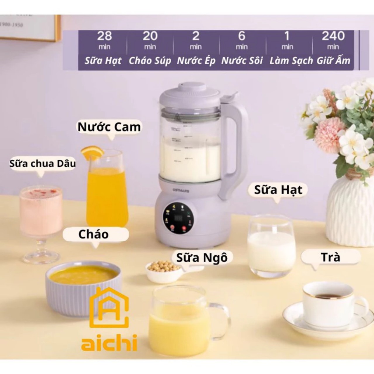 Máy Làm Sữa Hạt, Máy Nấu Sữa Hạt Cối Thủy Tinh OSTMARS Hàng Chính Hãng MINIIN 1100ml - 8 Chức Năng Xay Nấu Tiện Lợi - TẶNG KEM 2 CHAI THỦY TINH ĐỰNG SỮA HẠT