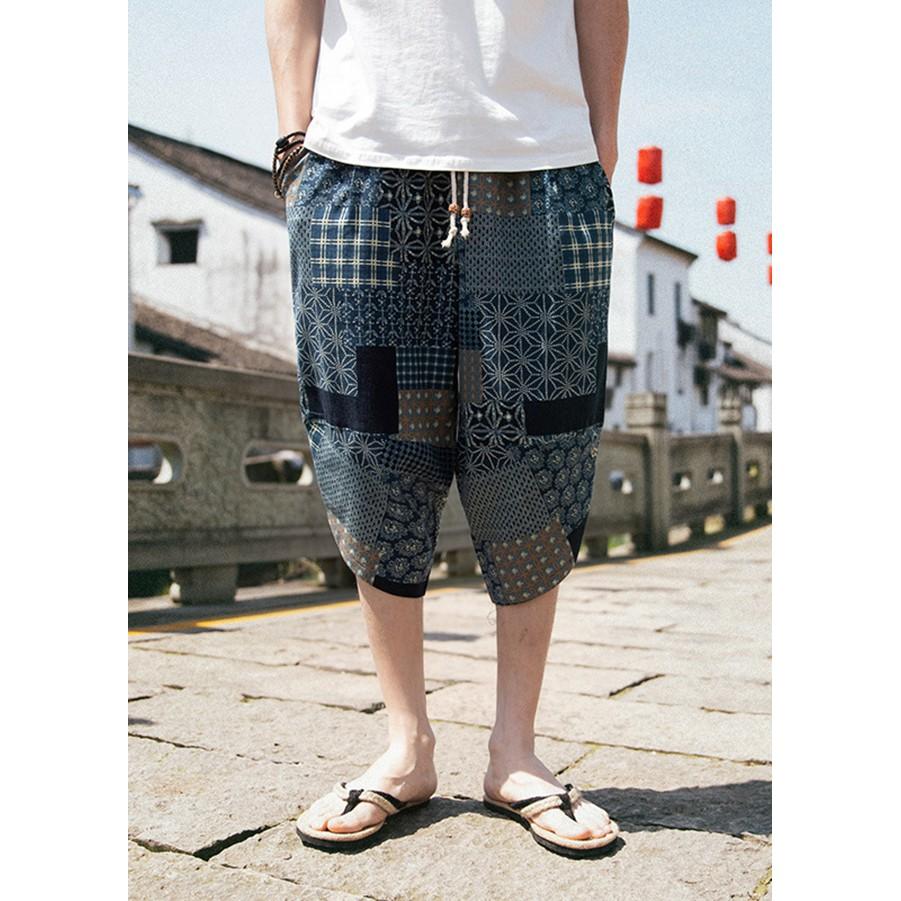 Quần thô đũi lửng họa tiết dành cho nam phong cách Nhật
