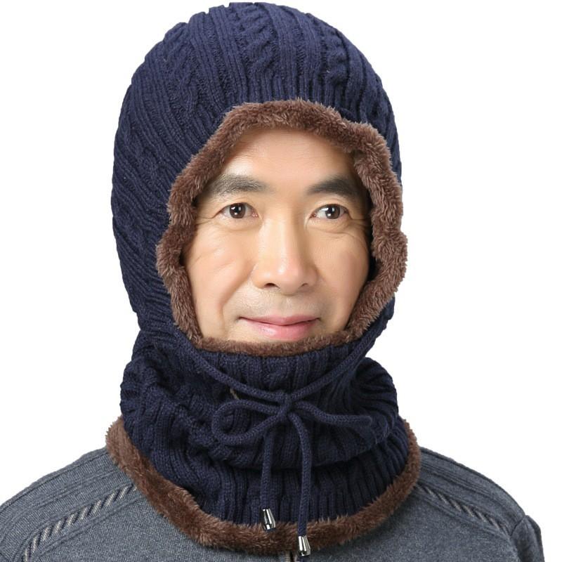 Hình ảnh Bộ khăn mũ len liền cổ lót lông cho người lớn tuổi cực ấm - khan mu len lot long