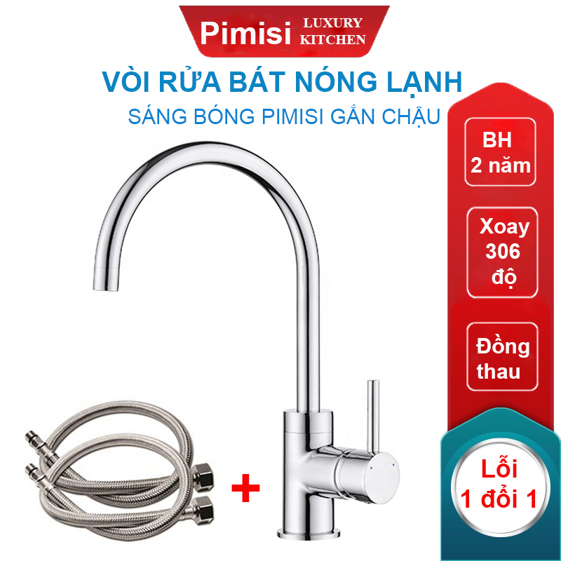 Vòi rửa chén nóng lạnh Pimisi đồng thau mạ xi Cr/Ni sáng bóng kiểu tròn cổ ngỗng tay gật gù và tặng kèm 2 sợi dây cấp nước dùng cho chậu rửa bát 1-2-3 hố trong nhà bếp - vòi nước rửa bát gắn chậu âm dương bàn đá quay 360 độ tăng áp | Hàng chính hãng