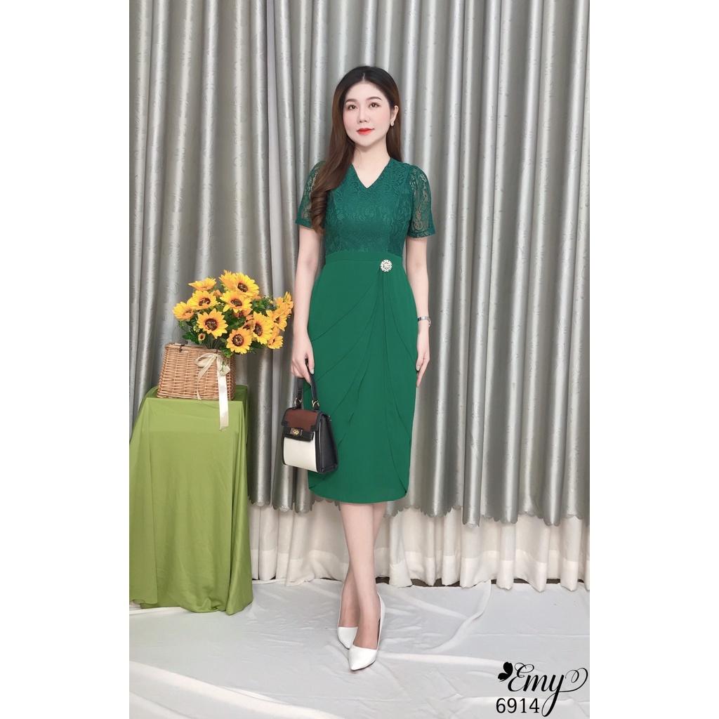Đầm EMY EM6914 Xoè Xanh Phối Ren