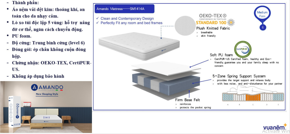 Nệm lò xo túi độc lập Amando 5 zone Promo thoáng khí, nâng đỡ cơ thể, ngăn cách chuyển động