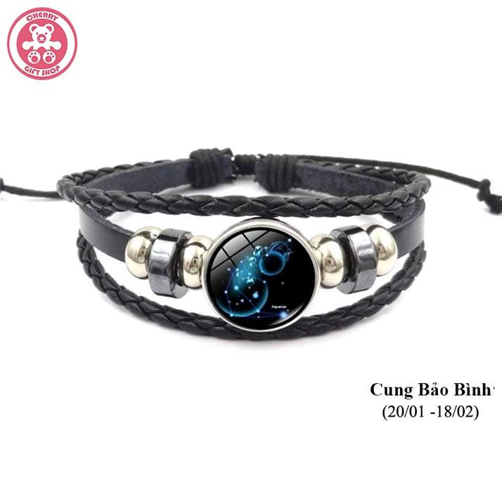 Vòng Đeo Tay Bằng Da Có Biểu Tượng 12 Cung Hoàng Đạo Bảo Bình