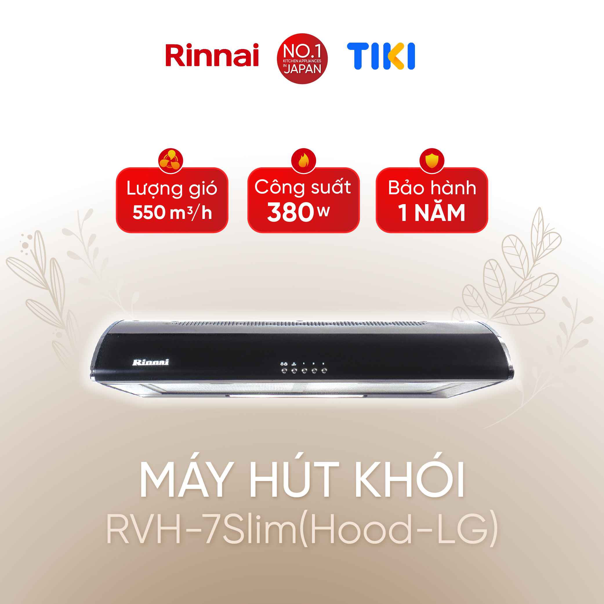 Máy hút mùi 70cm Rinnai RVH-7Slim(Hood-LG) than hoạt tính và ống thoát 380W - Hàng chính hãng.