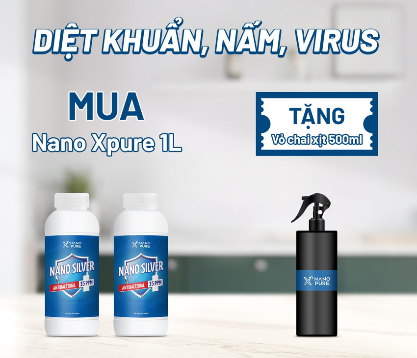 [COMBO1+1] Dung Dịch NANO BẠC DIỆT KHUẨN Nano Xpure Nano Silver 35ppm 1L + 1L (Không Mùi) - Diệt khuẩn, khử mùi, Không chứa cồn – Nano Bạc AHT Corp (AHTC) Tặng Kèm Bình Xịt 500ml