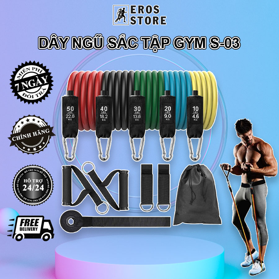 Dây kháng lực tập gym S03, Dây ngũ sắc tập gym đa năng tại nhà chất liệu cao su siêu bền Chính Hãng Eros Store