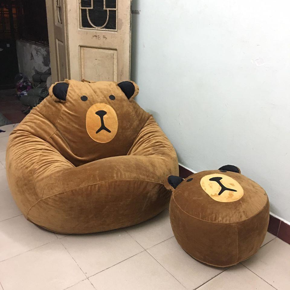 Ghế xốp dáng lê Gấu vàng cỡ L, CHẤT nhung ruột xốp