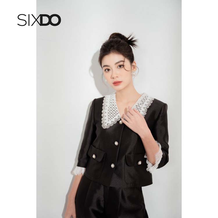 Áo vest lửng nữ taffta phối cổ ren cúc ngọc SIXDO