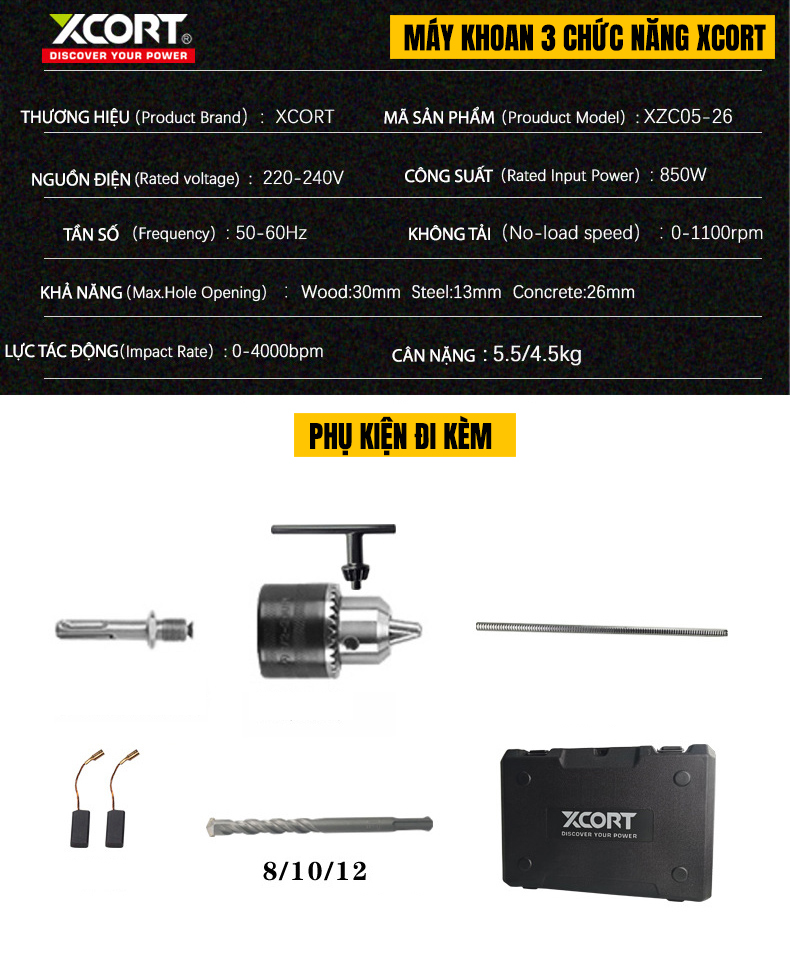 Máy khoan-Máy khoan đục bê tông 3 chức năng XCORT 850W XCORT