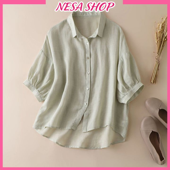 Áo sơ mi nữ cổ Đức NeSa Shop, tay lỡ, Chất liệu Đũi mềm mịn, thoáng mát, áo kiểu nữ form rộng SMH.038