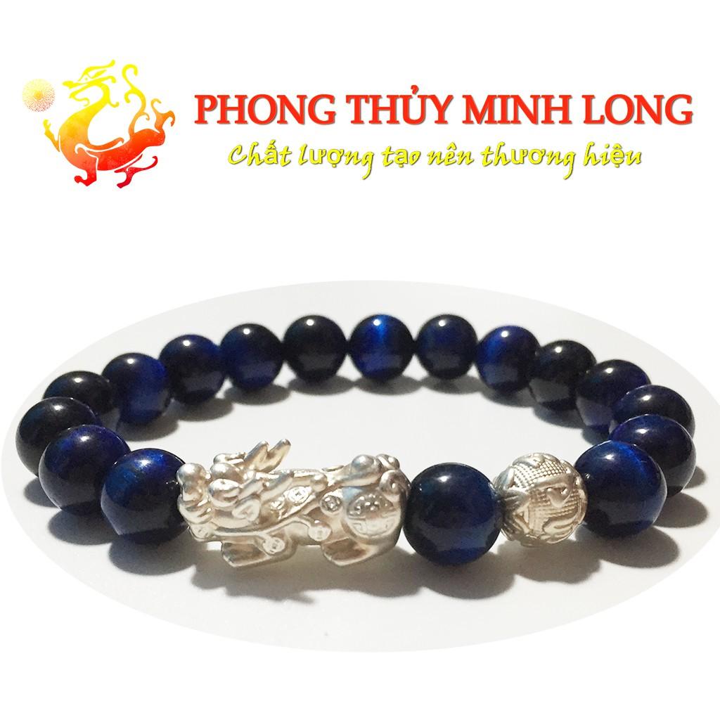Vòng tay đá Mắt Hổ Xanh Dương chất lượng 5A mix tỳ hưu và 1 hạt kim tiền Bạc hợp mệnh thủy và Mộc