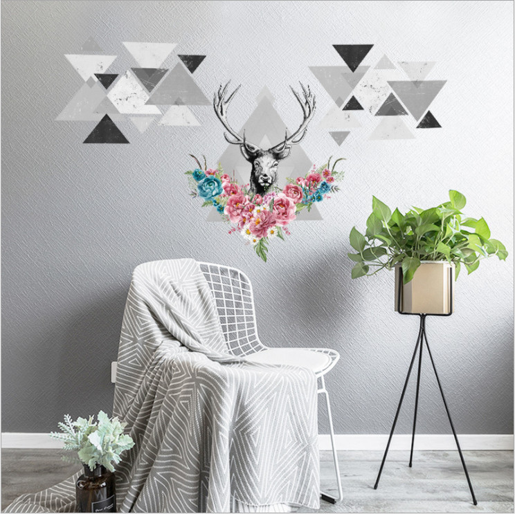 Decal dán tường phòng khách 3D Sừng nai trắng đen - decan cao cấp có keo sẵn tự dán tại nhà dễ dàng