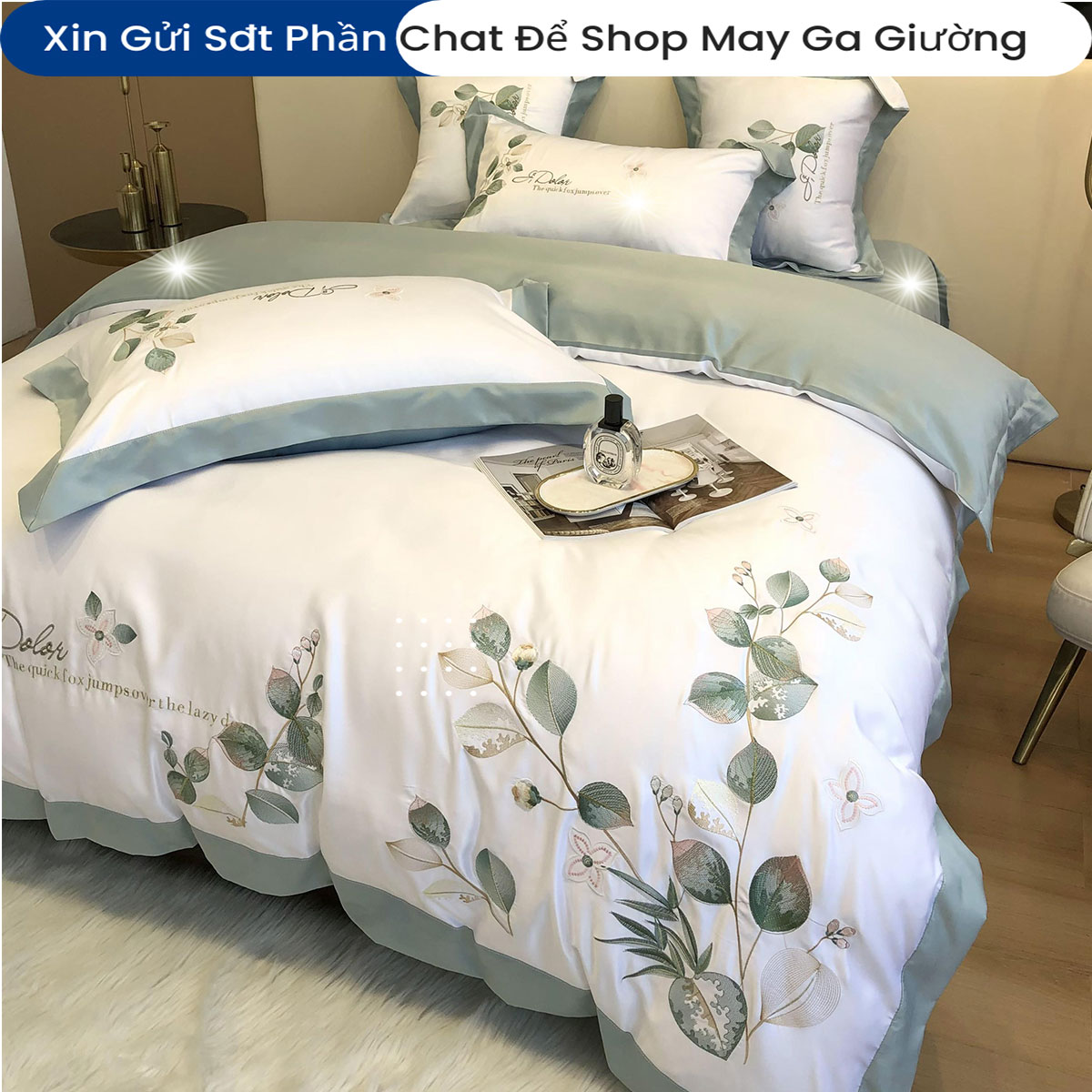 Bộ Chăn Ga Gối Đệm Phi Lụa Tencel Silk Green Lead Home ANNA NGUYÊN Bộ Chăn Ga 5 Món Drap Giường Phi Bóng Cao Cấp Chăn Chần Bông