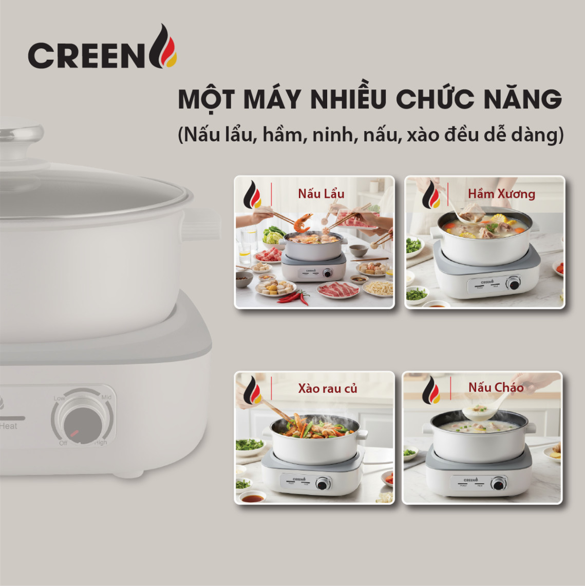 Nồi Lẩu Điện Đa Năng 5L CREEN CR-HP05 Thiết Kế Tháo Rời Độc Đáo, 1500W Bảo Hành 12 Tháng - Hàng Chính Hãng