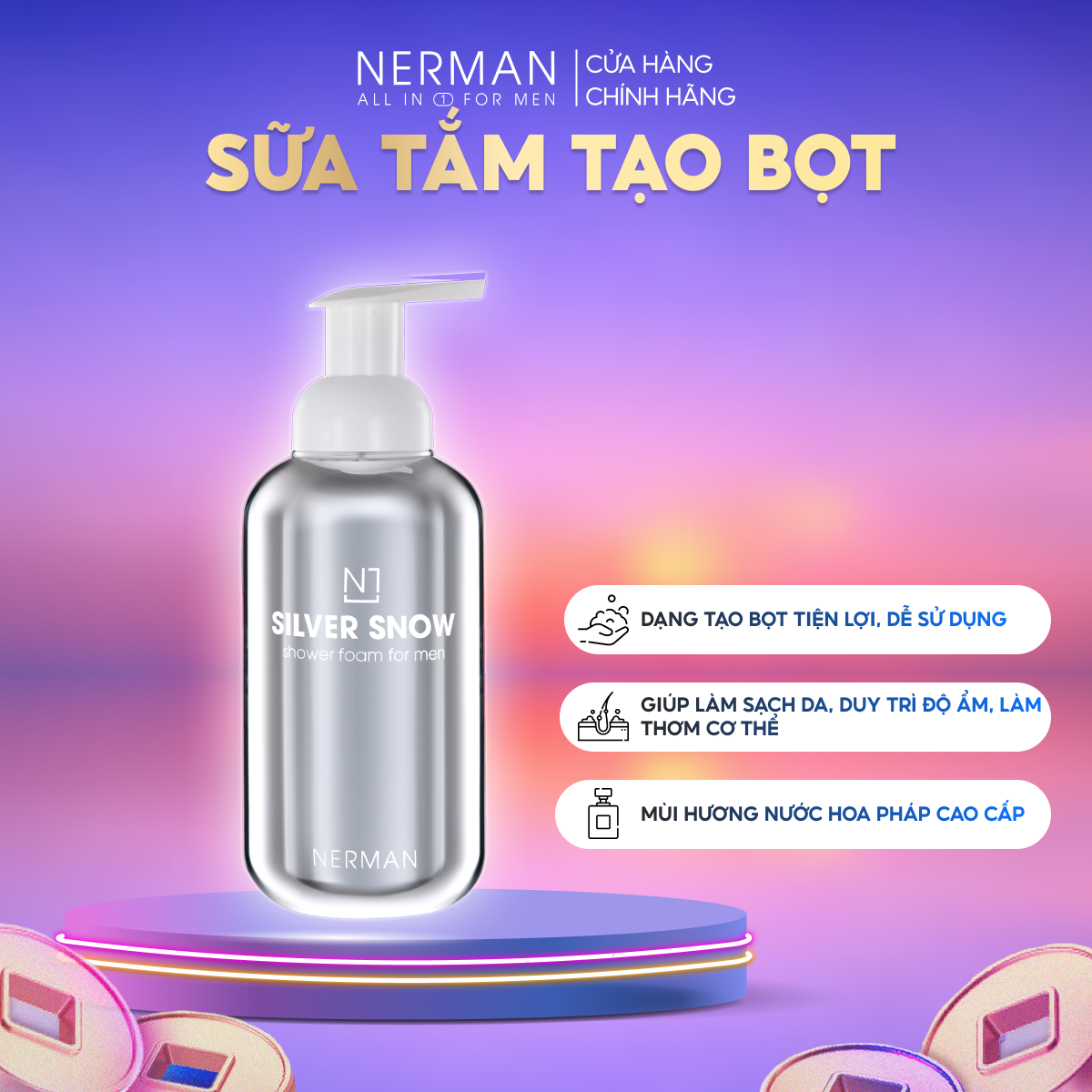 Sữa tắm nam giới tạo bọt Nano bạc Nerman Silver Snow - Hương nước hoa cao cấp 500gh Vệ Sinh Tạo Bọt 200g Nerman Hương Nước Hoa Pháp