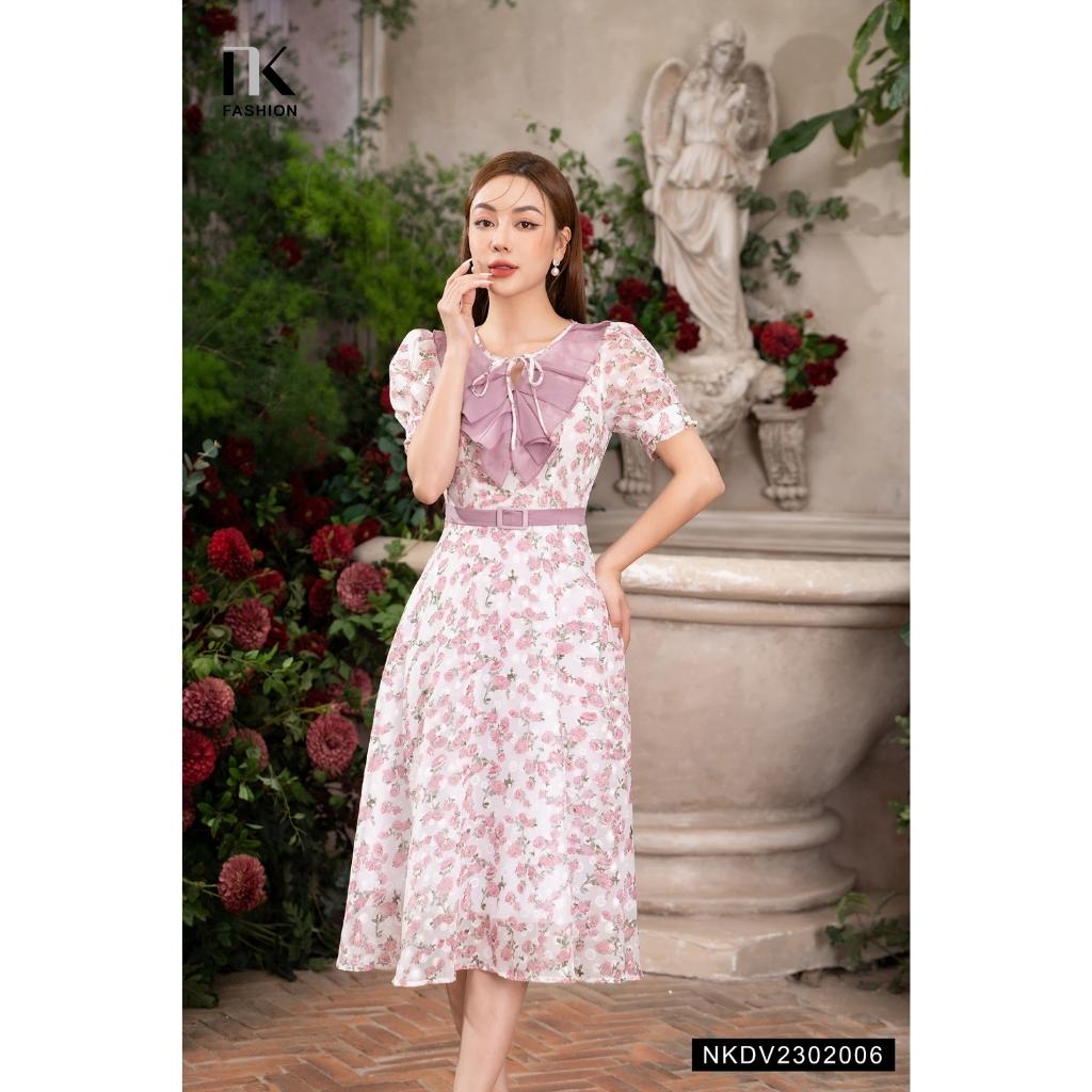 Đầm Hoa NK FASHION Thiết Kế Đai Bọc Cổ Phối Bèo Điệu Đà Thanh Lịch Chất Vải Nhập Hàn Cao Cấp NKDV2302006