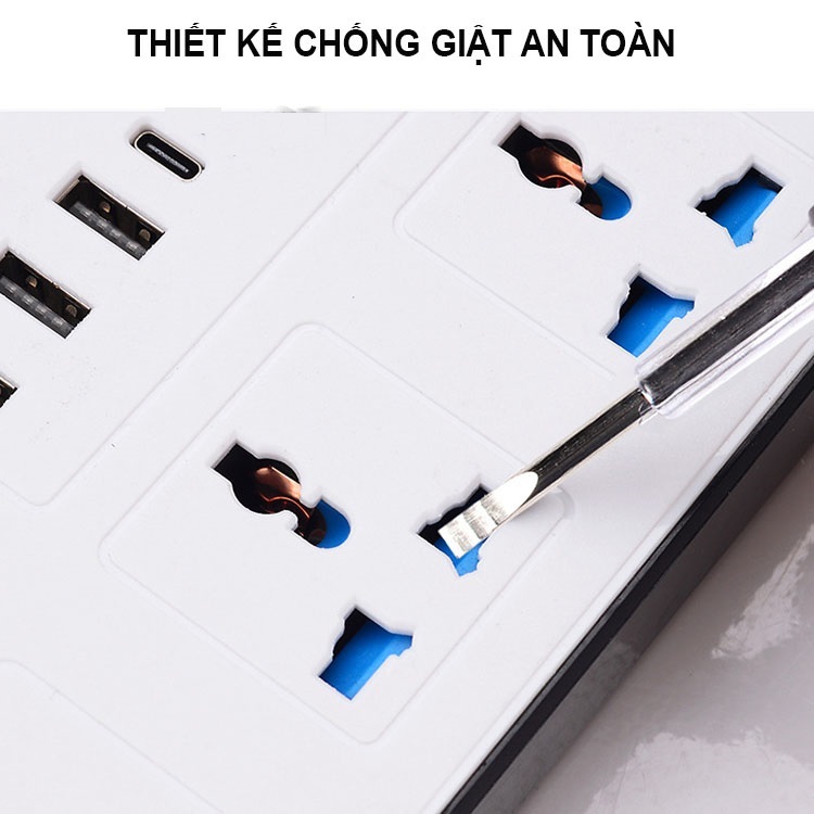 Ổ Cắm Điện Cao Cấp Chống Giật 4 Ô Cắm, 3 Cổng USB, 1 Cổng Type-C Max 10A 220V Có Công Tắc Dây Dài 5m