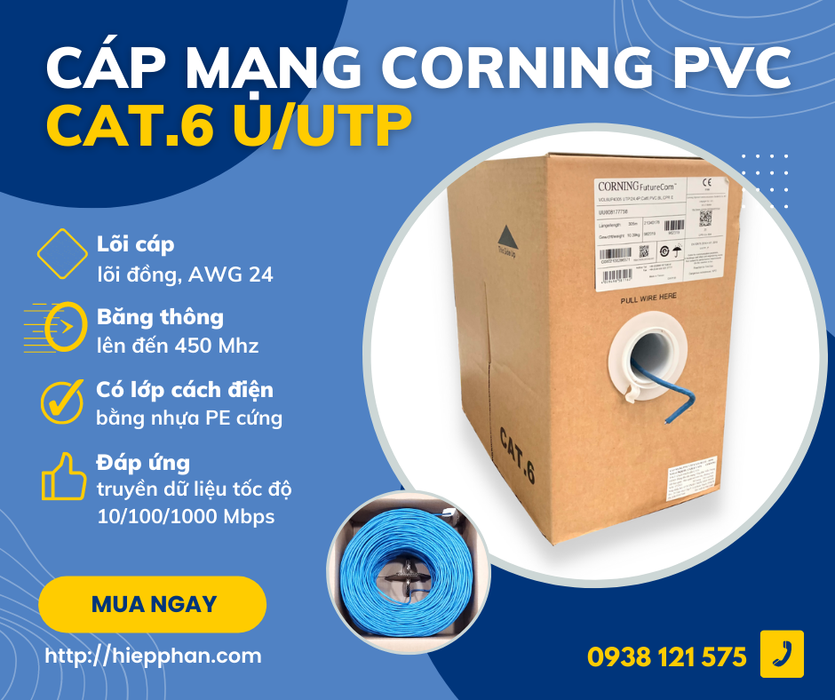 Thùng cáp mạng CAT 6 UTP,PVC, 305m, 24AWG Corning - Hàng nhập khẩu