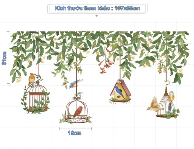 Decal trang trí tường - Dây leo và lồng chim nho nhỏ