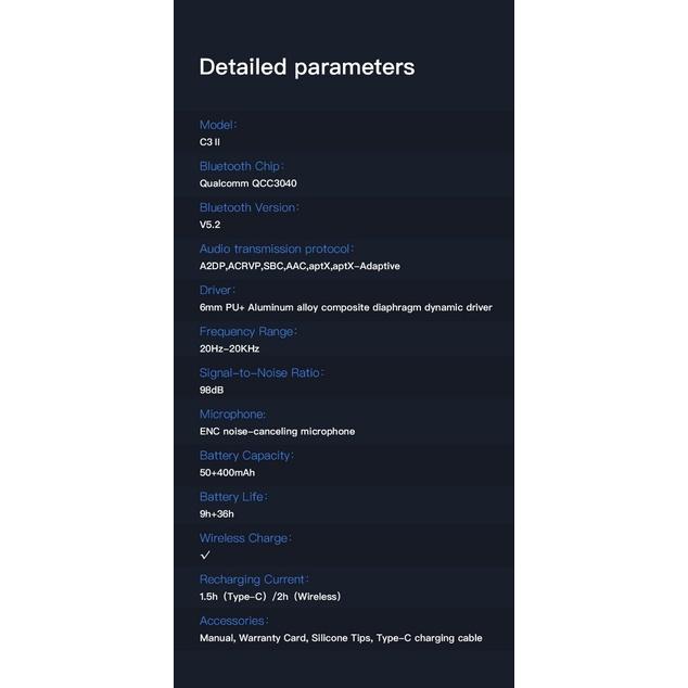 Tai nghe không dây WHIZZER C3II cao cấp, Chip qualcomm QCC3040, Bluetooth 5.2 - Hàng chính hãng