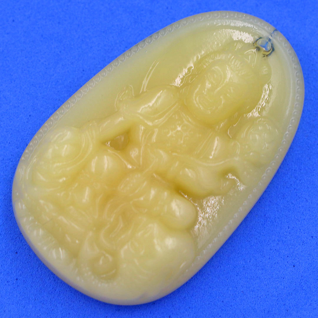 Mặt Phật Phổ hiền đá thạch anh vàng 4.3 cm kèm móc và dây chuyền inox vàng, Mặt Phật bản mệnh