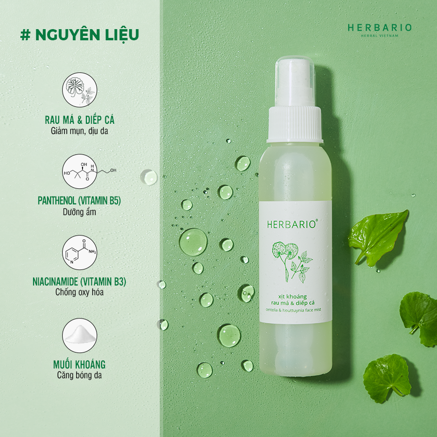 Xịt khoáng rau má và diếp cá Herbario 100ml thay thế toner cấp ẩm tức thì cho da kiểm soát dầu nhờn hiệu quả thuần chay