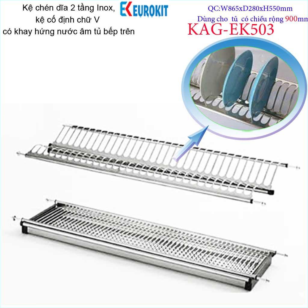 Kệ chén dĩa âm tủ chữ V KAG-EK503-90cm, Kệ chén bát 2 tầng Eurokit inox bóng cao cấp
