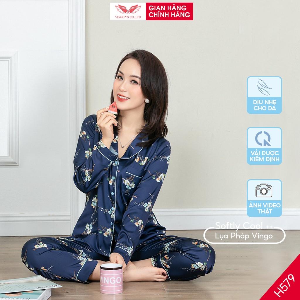 Đồ bộ nữ pijama mặc nhà VINGO Lụa Pháp cao cấp tay dài quần dài họa tiết hoa dây xanh đậm mùa Thu Đông H579 VNGO