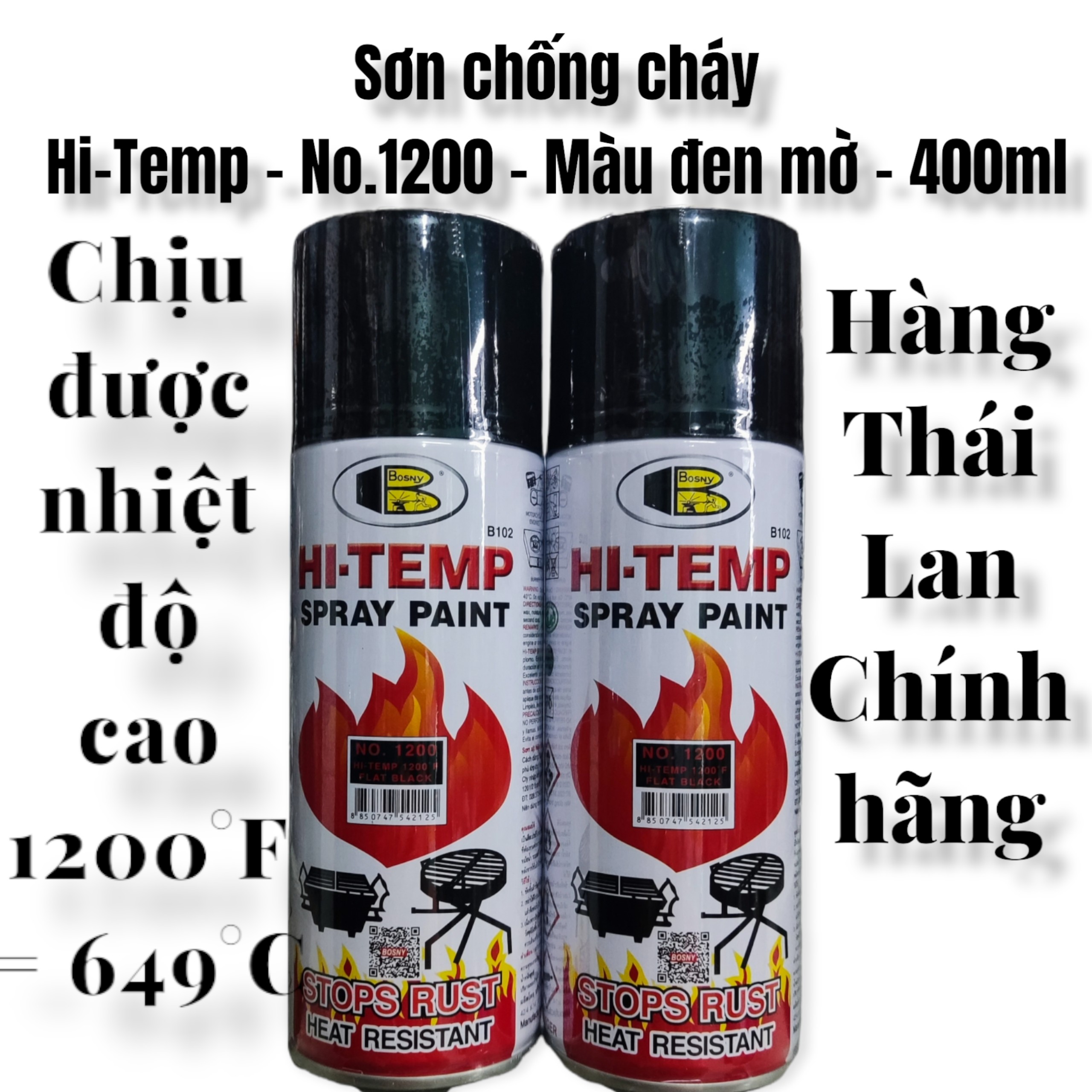 Sơn xịt chống cháy chịu được nhiệt độ cao Hi-Temp - No.1200 - Màu đen mờ - 400ml - Made in Thái Lan