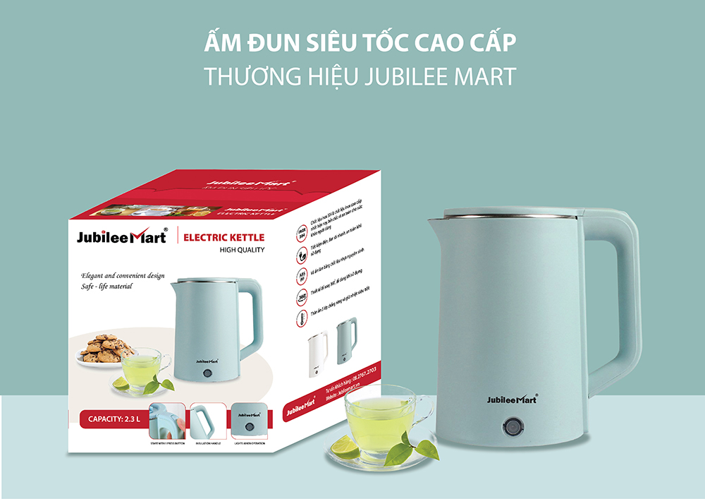 Ấm Đun Nước Siêu Tốc Jubilee Mart JB-1341 (2.3L Lít), 3 Lớp Cách Nhiệt Cao Cấp - Hàng chính hãng