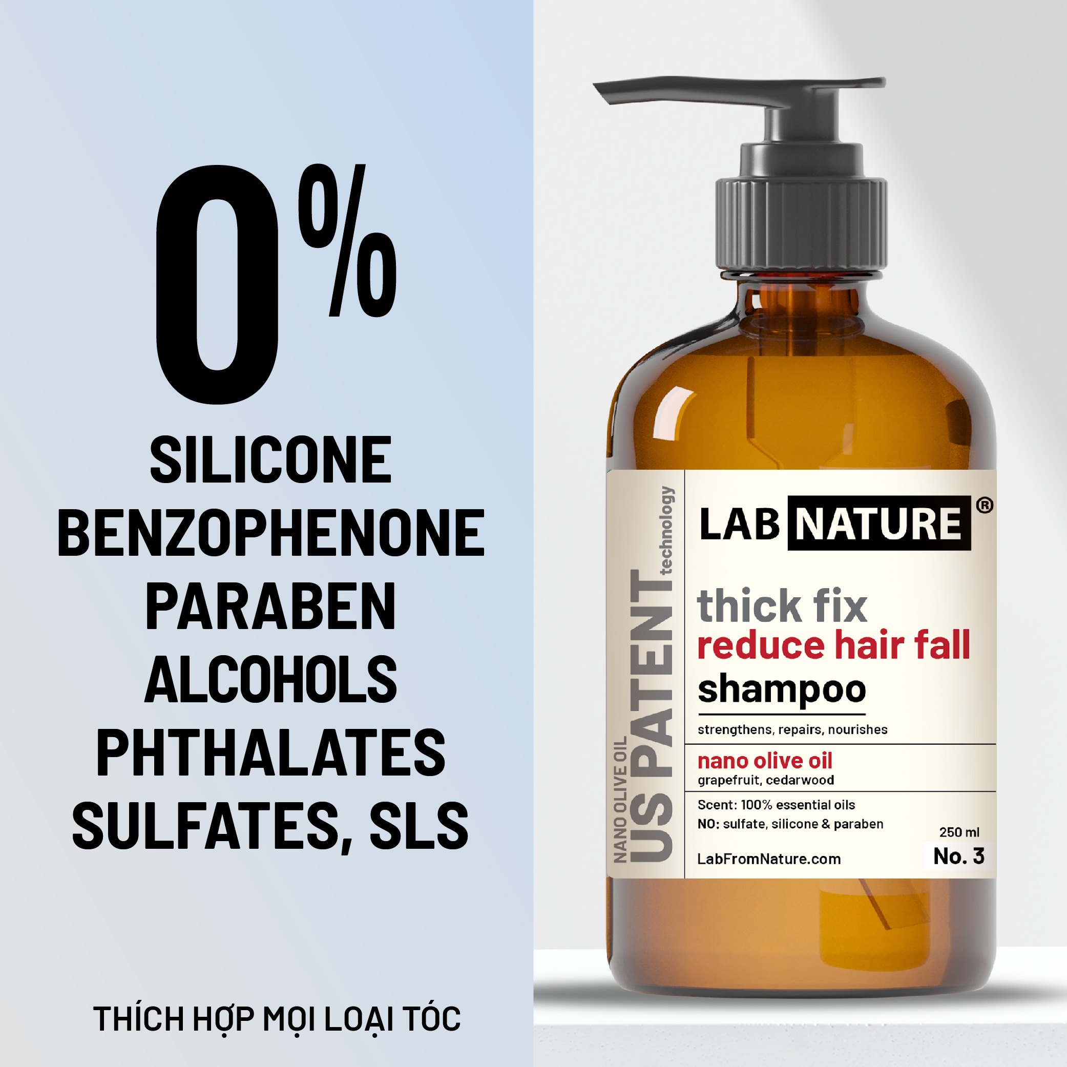 Dầu gội ngăn rụng tóc Lab Nature No.3 - công nghệ Nano Olive Oil - 250ml