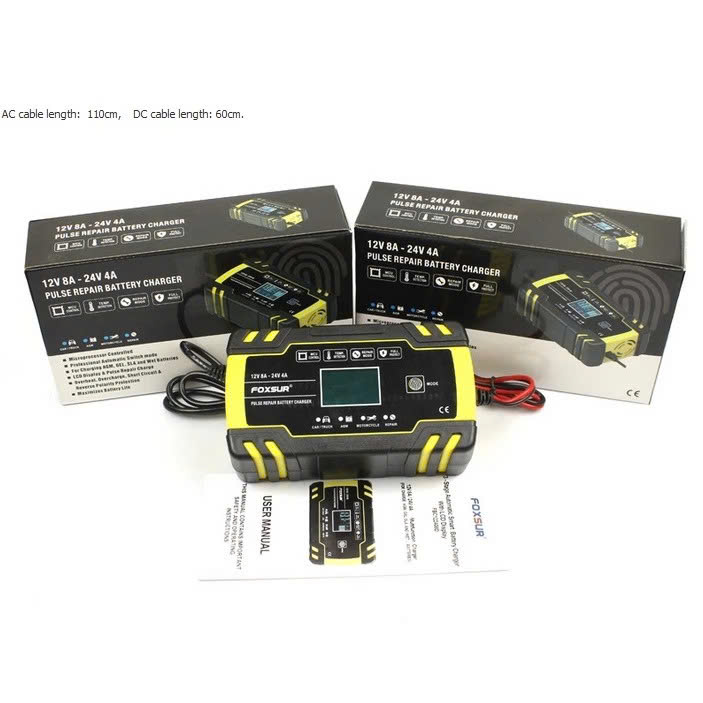 Sạc Ắc Quy Thông Minh Nhật Bản Foxsur – 12V/24V, Khử Sunfat, Bảo Dưỡng Tự Động, Loại Xịn , đèn led