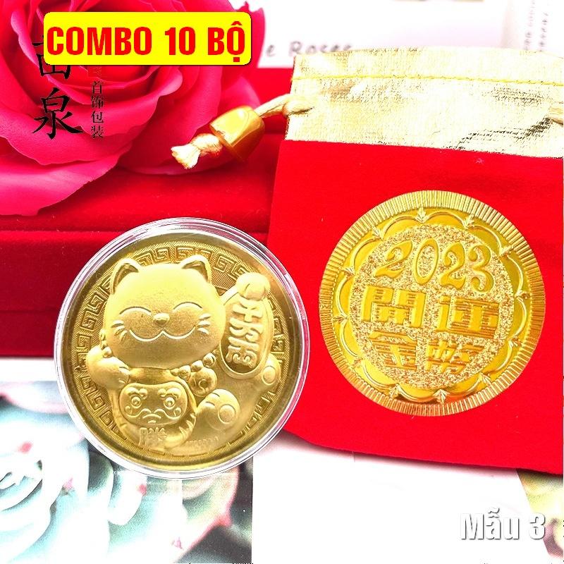 COMBO 10 Đồng Xu Hình Mèo Vàng , tặng túi gấm đỏ 2023 - Mẫu 3 - PASA COLLECTION