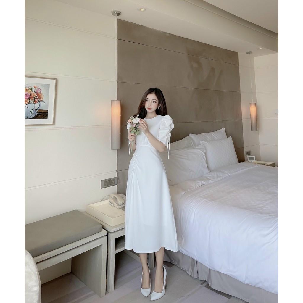 Đầm Hạt Trai Nhún Rút Tay Phồng