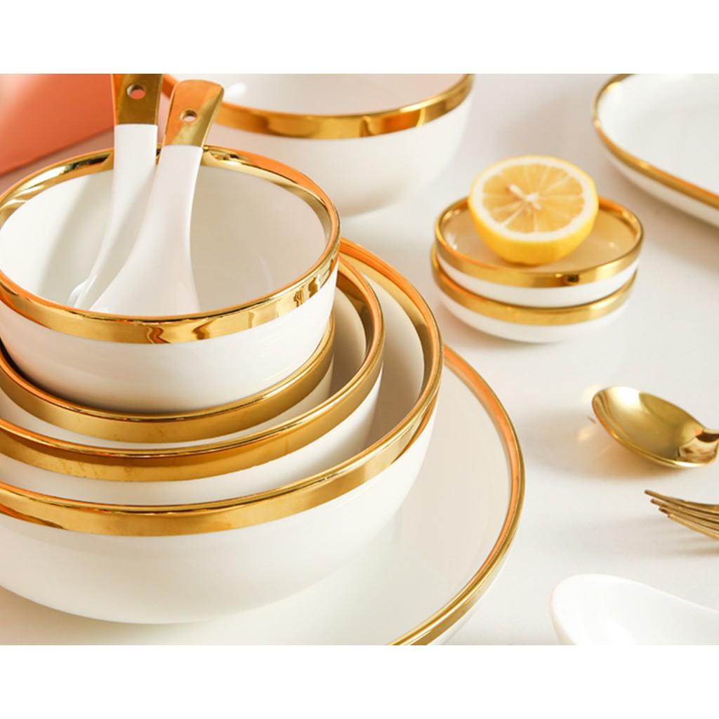 Set bát 26 món. Bát đĩa 26 món. set bát đĩa 26 món màu trắng viền vàng sang trọng.