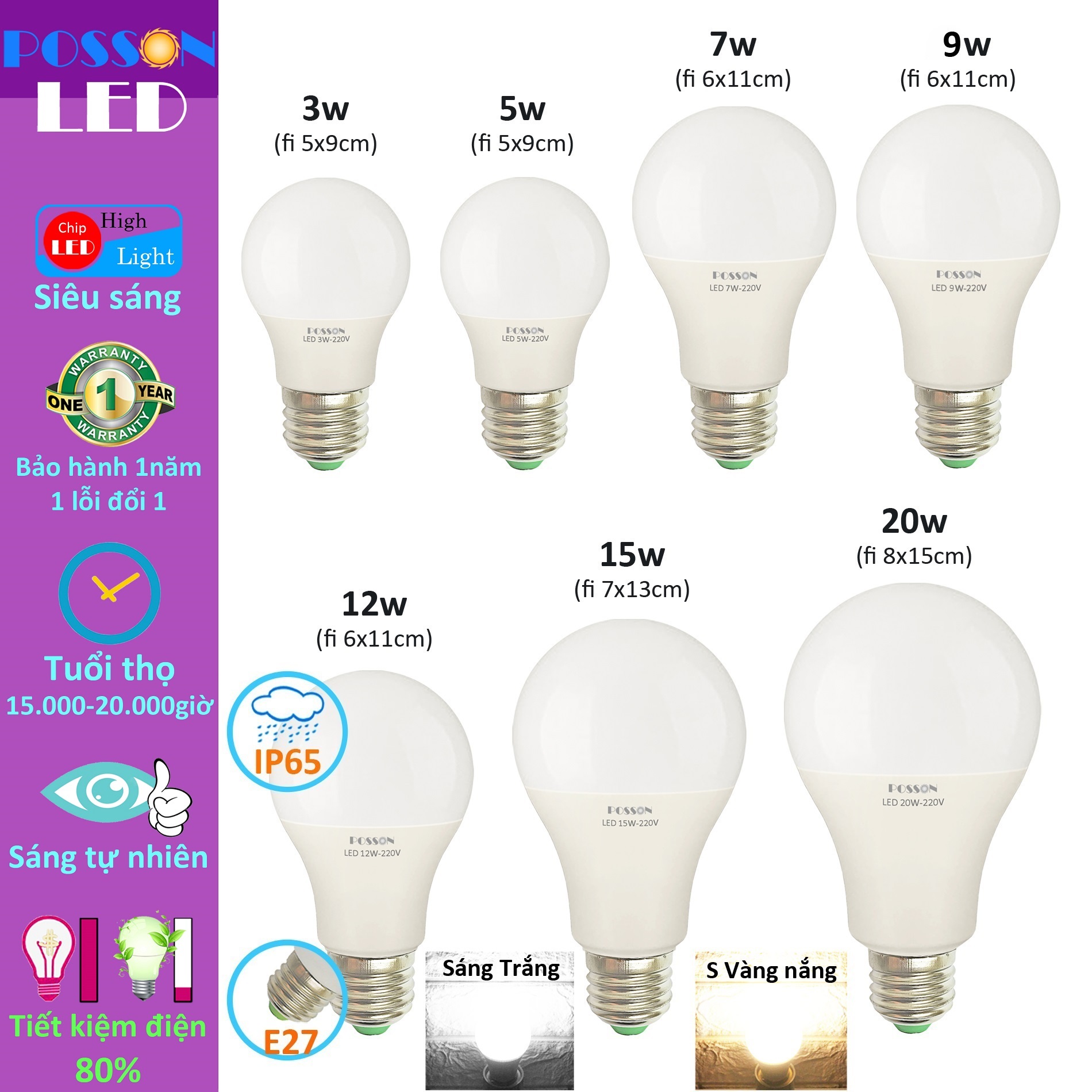 Bóng đèn Led 3w 5w 7w 9w 10w 12w 15w 20w bup tròn A tiết kiệm điện thân kín chống nước mưa Posson LB-3-20x