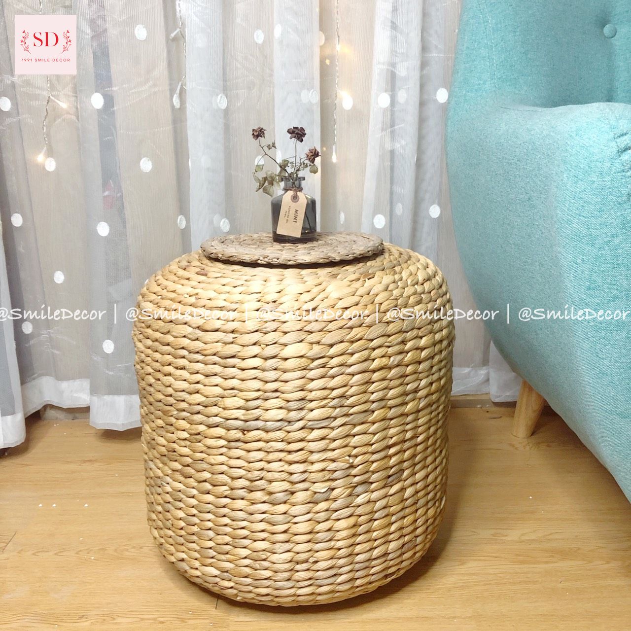 Ghế đôn bèo tây  D40xH40 cm Smile Decor dáng cong trang trí homestay/ Hyacinth stool natural color for homestay