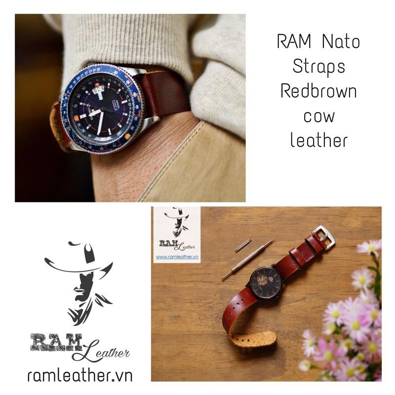 Dây đồng hồ RAM NATO da bò – màu nâu đỏ – Đủ size từ 18, 20, 22mm, Casio AE1200 ,APPLE WATCH