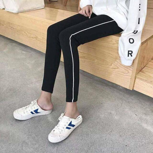 Thời trang quần legging 1 sọc trắng nhỏ chất cotton