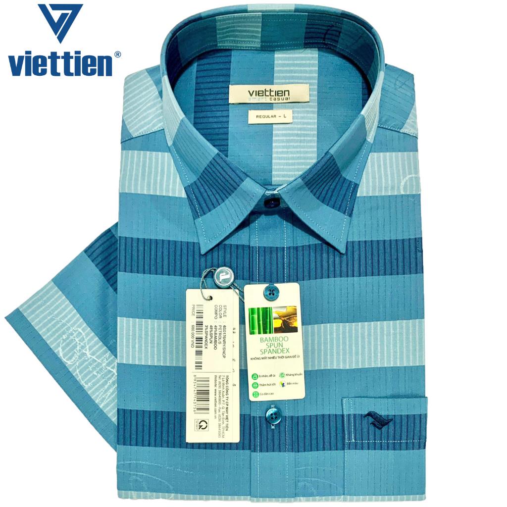 Viettien - Áo sơ mi nam ngắn tay xẻ tà vạt ngang Bamboo spun Regular Sọc ngang Xanh petrol sáng 6