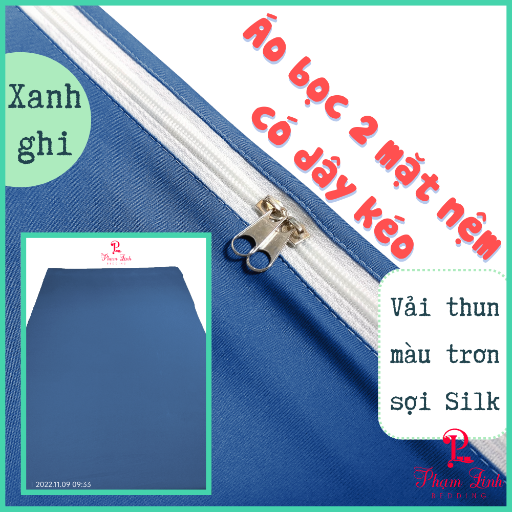 [Xanh ghi] Áo bọc nệm 2 mặt dây kéo vải thun sợi siu (silk) màu trơn Hàn Quốc vỏ bọc bảo vệ nệm nguyên tấm không chia ngăn co dãn