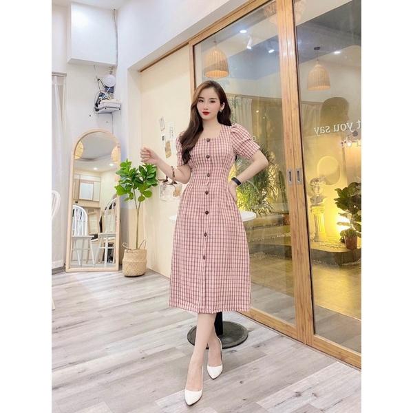 Đầm đũi kẻ hồng phối cúc siêu xinh hàng thiết kế sale sốc