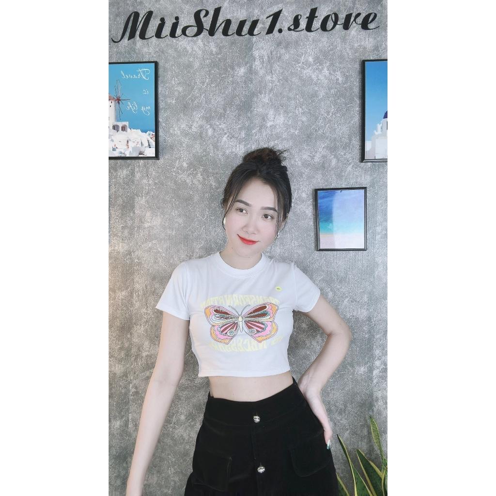 Áo Thun Croptop Tay Ngắn In Hình Bướm