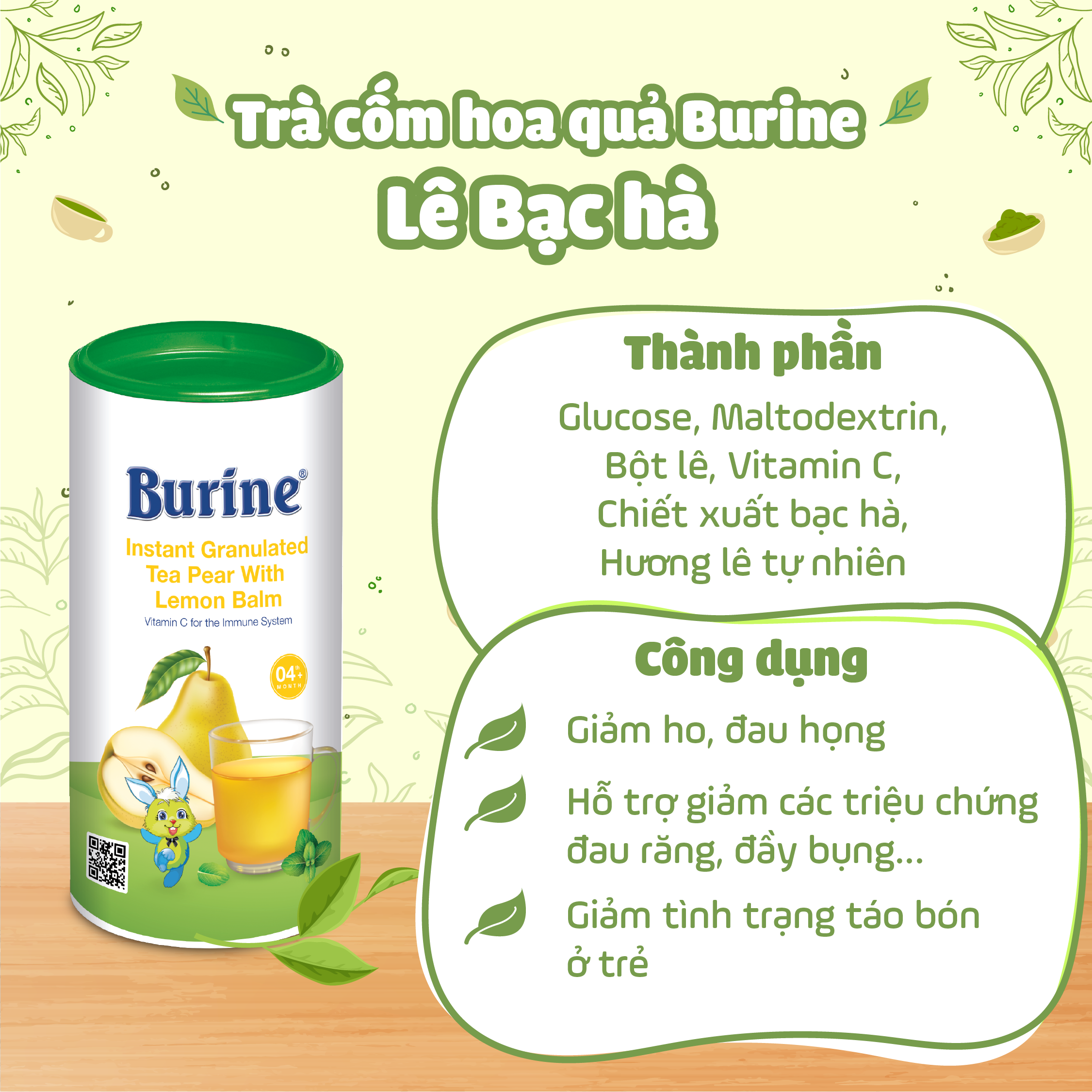 Trà cốm hoa quả Burine (HiPP) dinh dưỡng dành cho bé - Vị Lê Bạc Hà giúp giảm ho, hỗ trợ tiêu hoá khoẻ mạnh  (Không dành cho trẻ dưới 4 tháng tuổi)