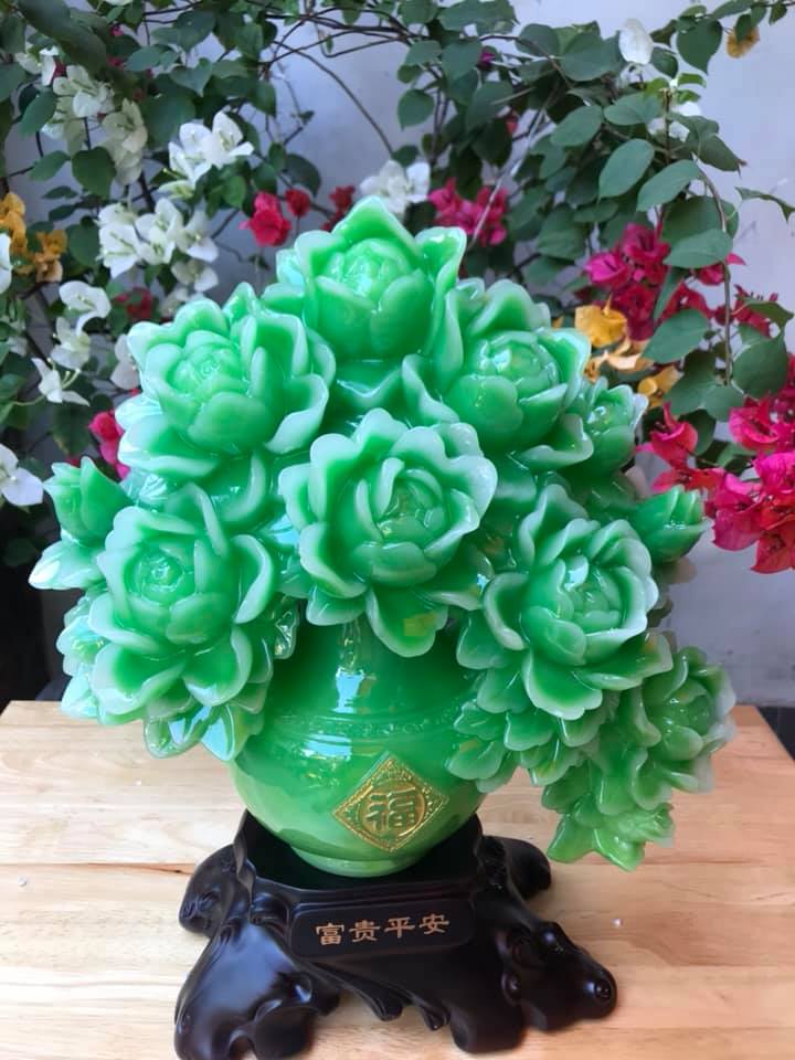 Bình Hoa Mẫu Đơn đẹp lắm xanh lộc lá size cao 38cm x ngang 30cm x sâu 12cm Biểu Tượng Sự Giàu Sang Phú Quý Hợp ACE mệnh Mộc Hoả trưng bàn rất đẹp