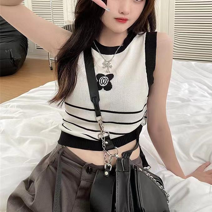 Áo len Montoghi dệt kim 3 LỖ LOGO HOA GIỮA X phối sọc và viền xinh xắn