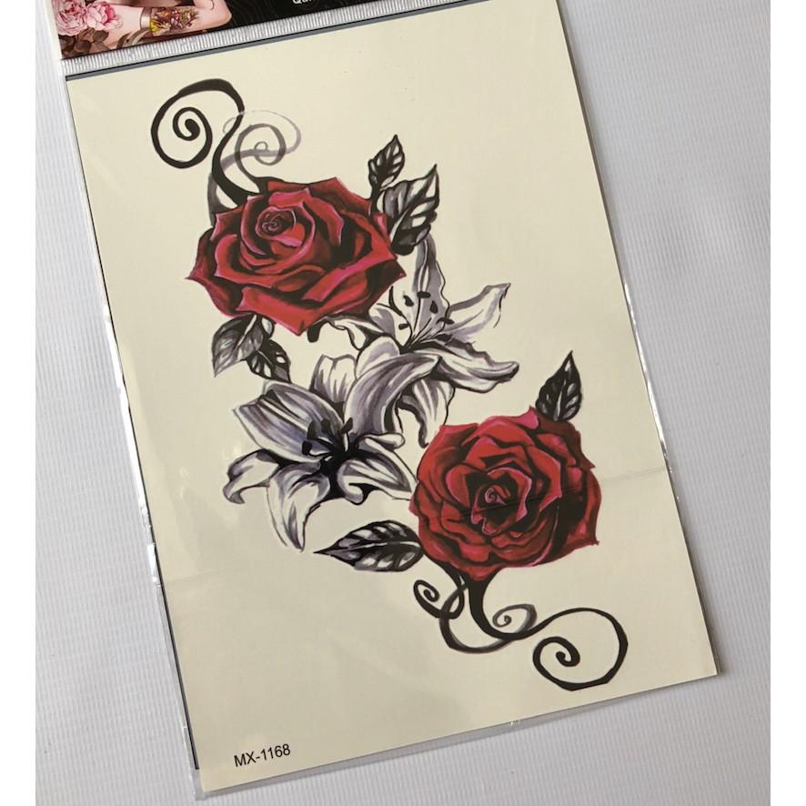 Hình xăm dán hoa hồng đỏ lá xinh bắp tay 15x21cm