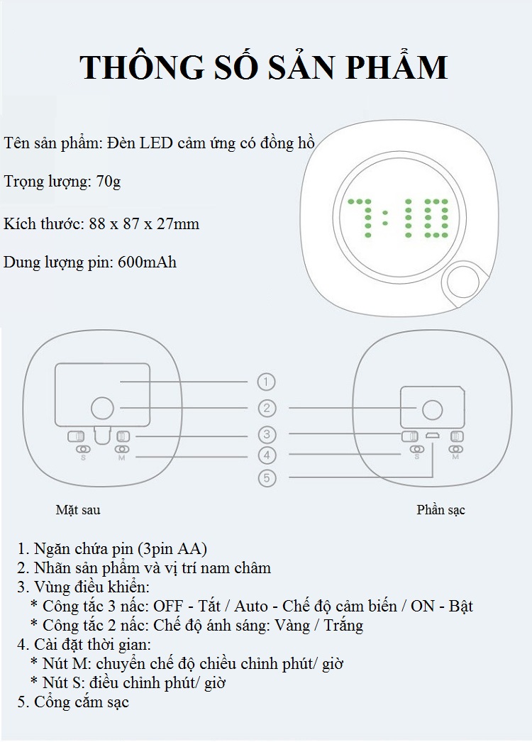 Đèn Led cảm ứng kiêm Đồng hồ mini (dán tủ, tường, phòng ngủ, nhà tắm, nhà vệ sinh...)