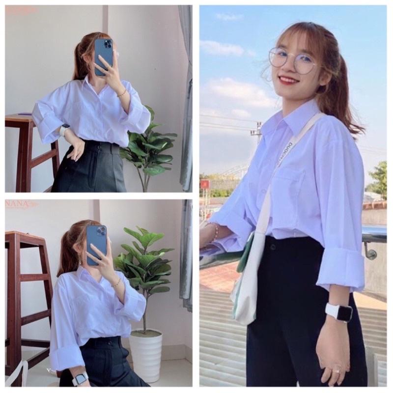 Áo Sơ Mi Nữ Tay Dài Học Sinh Đi Học Có Túi Form Rộng Basic Loại 1