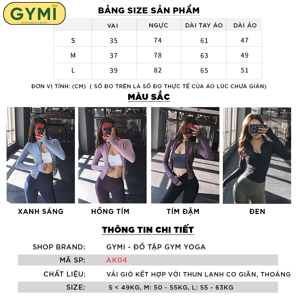 Áo khoác tập gym yoga nữ chất thun lạnh GYMI AK04 dáng croptop vải mền mịn co giãn thoáng khí chống nắng